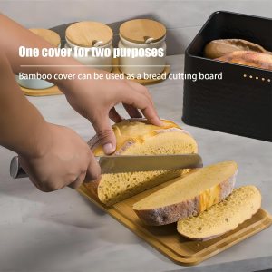bread bin with bamboo lid used as chopping board for kitchen countertop