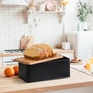 bread bin with bamboo lid used as chopping board for kitchen countertop