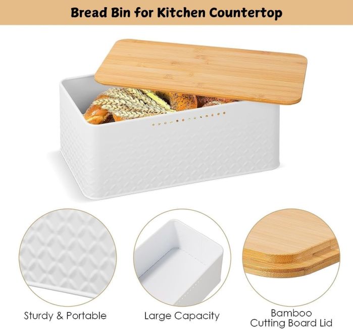 bread bin with bamboo lid used as chopping board for kitchen countertop