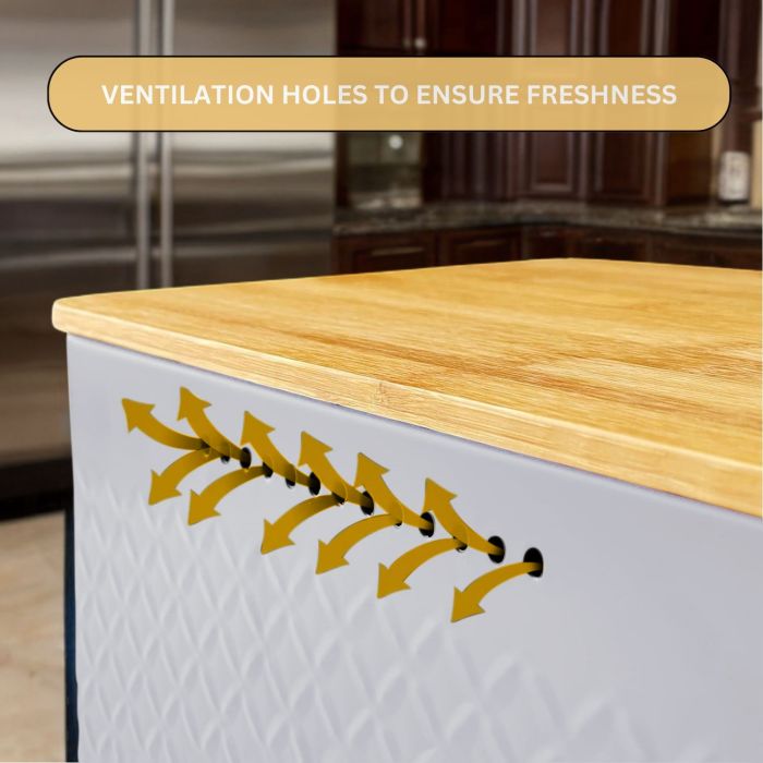 bread bin with bamboo lid used as chopping board for kitchen countertop