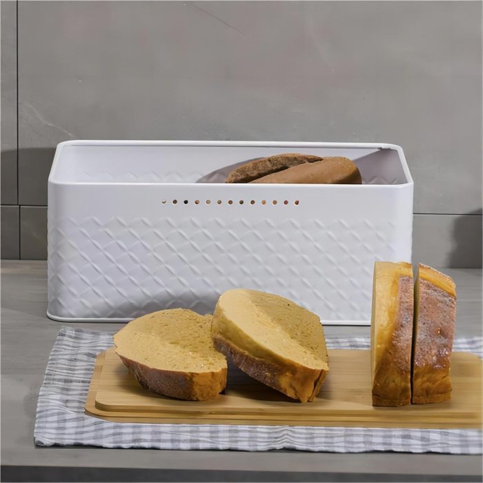 bread bin with bamboo lid used as chopping board for kitchen countertop