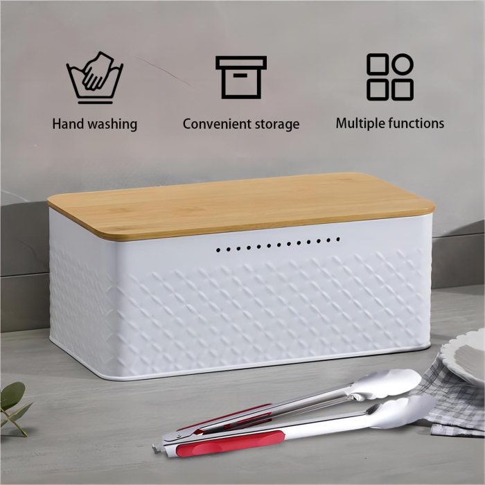 bread bin with bamboo lid used as chopping board for kitchen countertop
