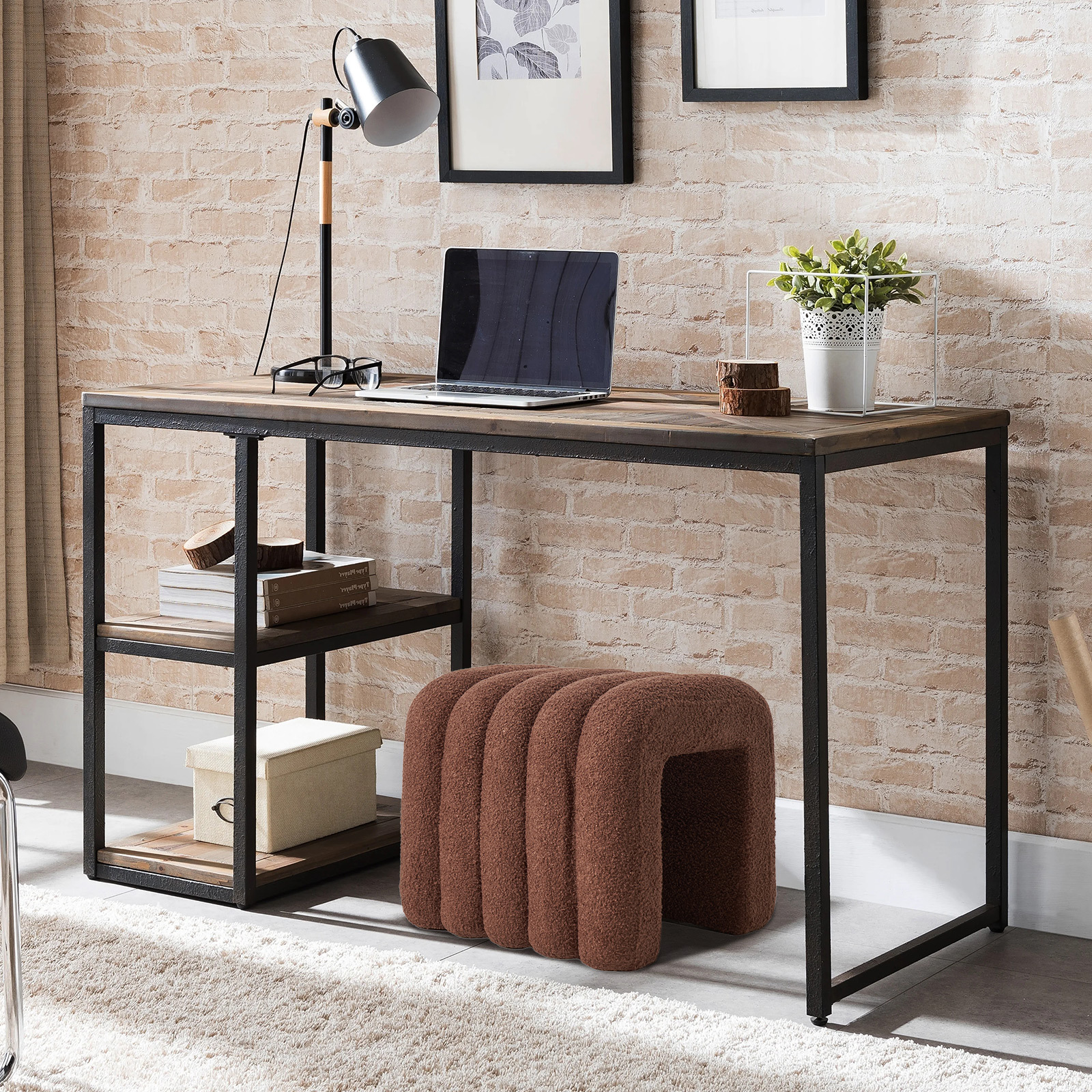 2x ridge arch ottoman stool teddy fleece fabric foot rest 45cm brown