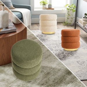 2x round stacked ottoman stool teddy fleece fabric foot rest 38cm green