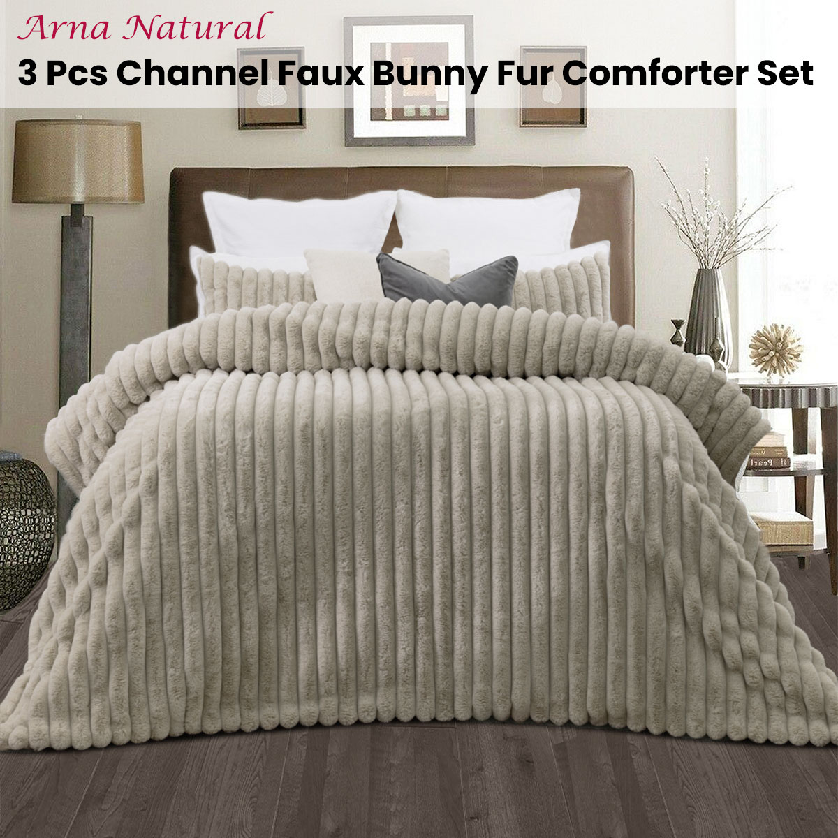 jane barrington arna natural 3 pcs channel faux bunny fur comforter set queen
