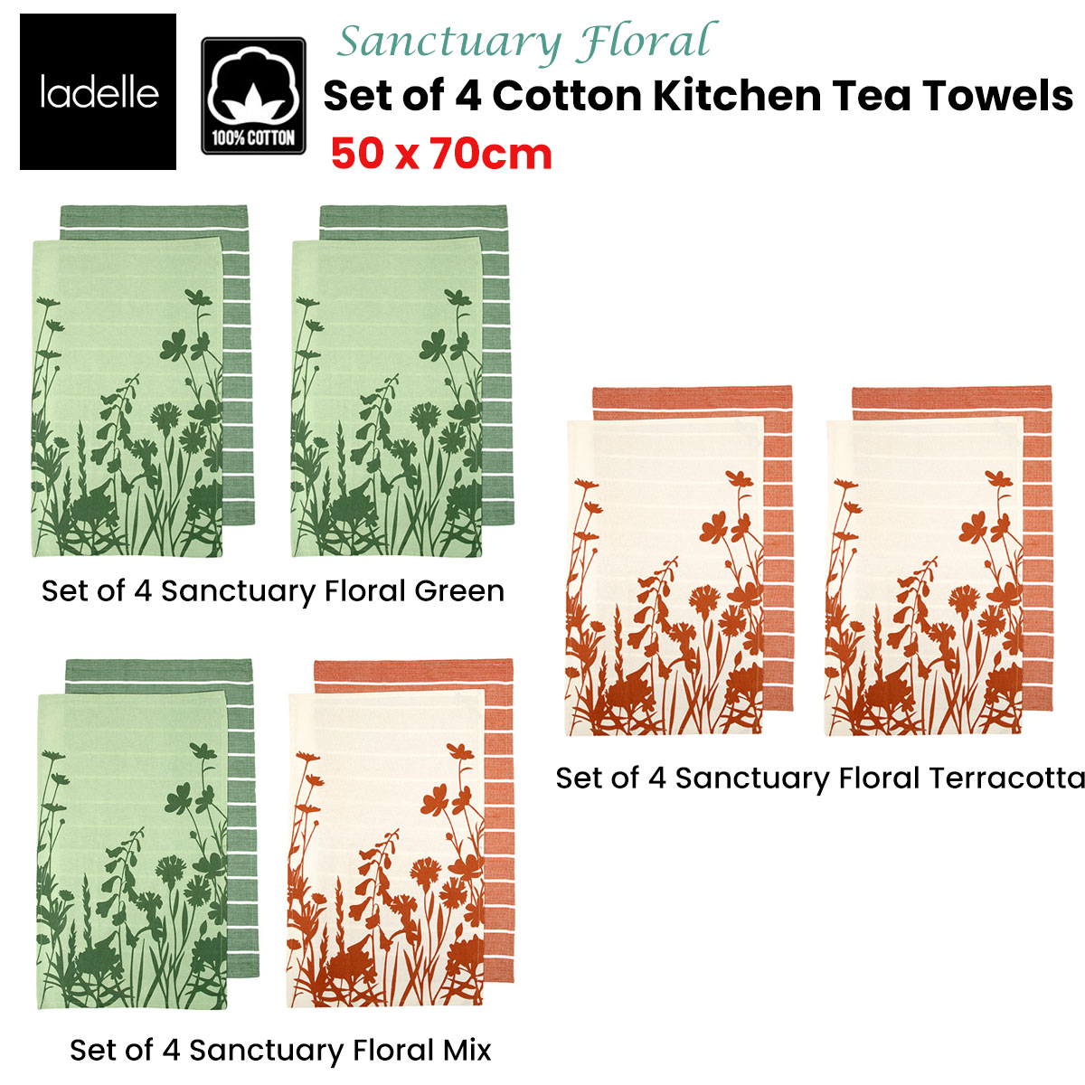 ladelle set of 4 sanctuary floral cotton kitchen tea towels 50 x 70 cm green