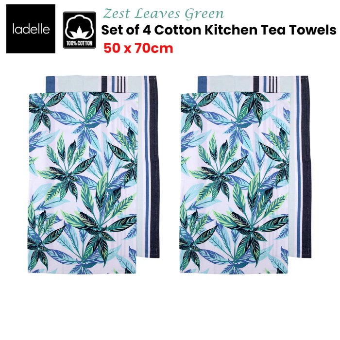 ladelle set of 4 zest leaves green cotton kitchen tea towels 50 x 70 cm