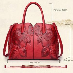 red elegant embossed rose leather handbag vintage style tote bag