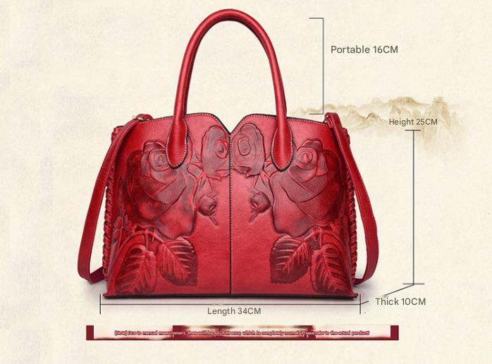 red elegant embossed rose leather handbag vintage style tote bag