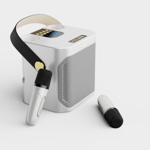 white portable karaoke machine with dual wireless microphones and smartphone holder