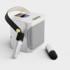 black portable karaoke machine with dual wireless microphones and smartphone holder