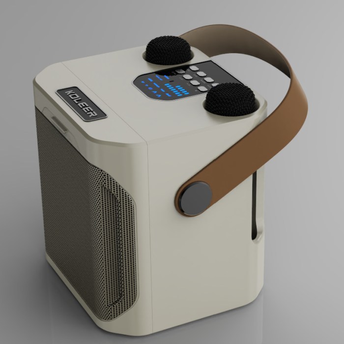 black portable karaoke machine with dual wireless microphones and smartphone holder