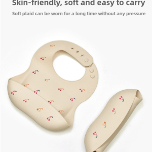 cherry pattern beige soft and safe silicone baby feeding set – bib, bowl, and spoon combo for mess free meals