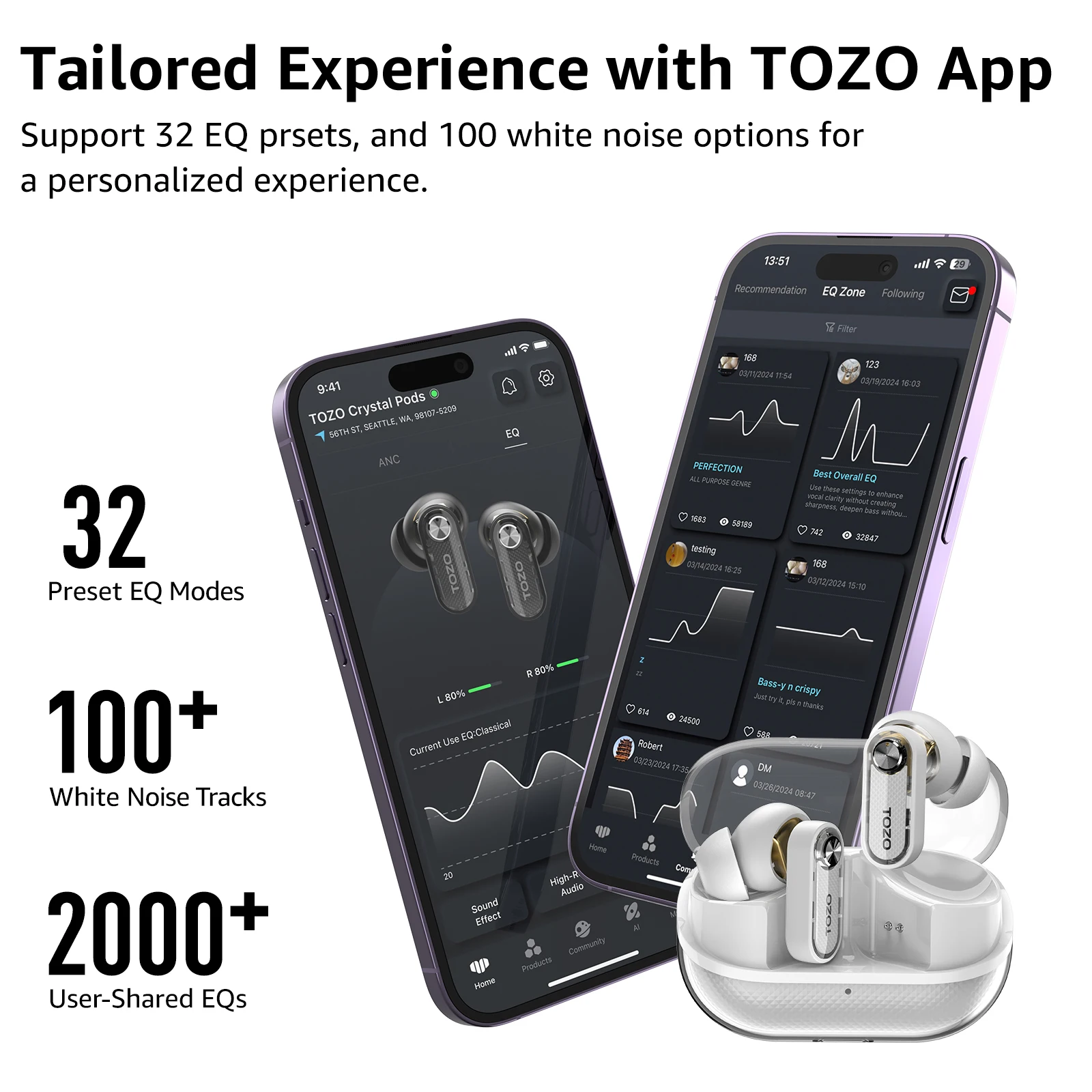 TOZO Bluetooth In-ear Earbuds Earphones with Dual Mics ENC Noise Cancel Support APP EQs Fast Charging Waterproof 5