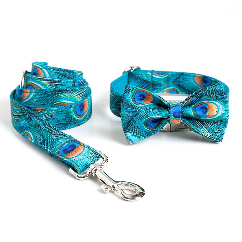 peacock print pet dog collar and leash set Peacock Print Pet Dog Collar and Leash Set 1