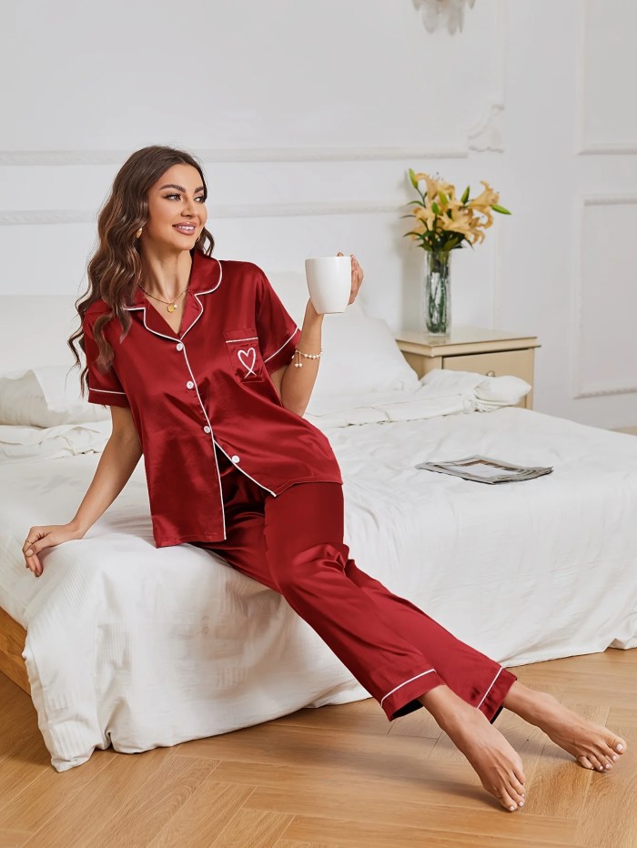 heart satin pyjama set casual short sleeve button up collar Heart Satin Pyjama Set Casual Short Sleeve Button Up Collar 2