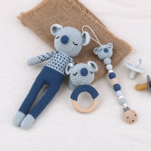 Handmade Crochet Animal Baby Teether Toy - Wooden Teether, Stuffed Doll, Muslin Blanket & Newborn Gift Box 1