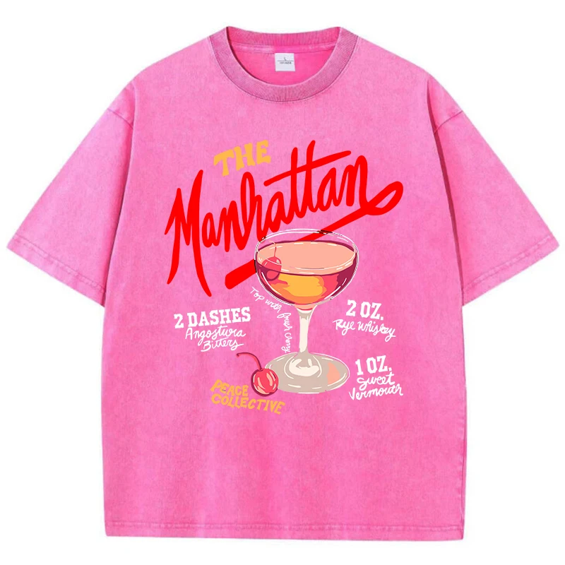 Oversized Women’s Washed T-Shirt – Manhattan Cherry Cocktail Print, Distressed Cotton Crewneck Tee