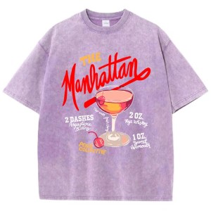 Oversized Women’s Washed T-Shirt – Manhattan Cherry Cocktail Print, Distressed Cotton Crewneck Tee 4