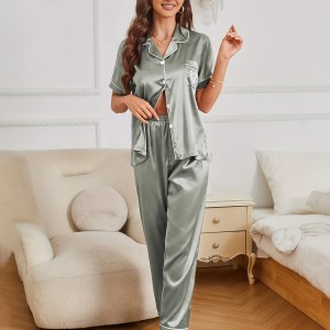 Heart Satin Pyjama Set Casual Short Sleeve Button Up Collar 3