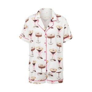 Women's Summer Lounge Set Short Sleeve Lapel Bow Goblet/Boots/Wine Glass Print 3