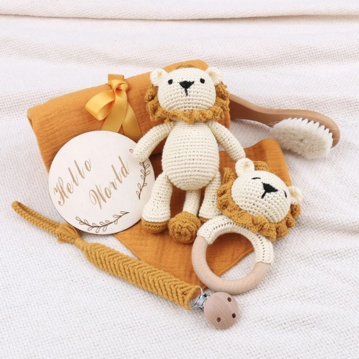 handmade crochet animal baby teether toy wooden teether, stuffed doll, muslin blanket & newborn gift box Handmade Crochet Animal Baby Teether Toy - Wooden Teether, Stuffed Doll, Muslin Blanket & Newborn Gift Box 5