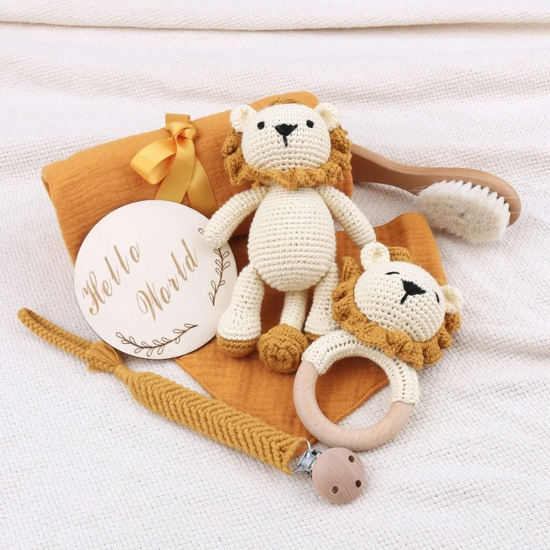 Handmade Crochet Animal Baby Teether Toy - Wooden Teether, Stuffed Doll, Muslin Blanket & Newborn Gift Box 5