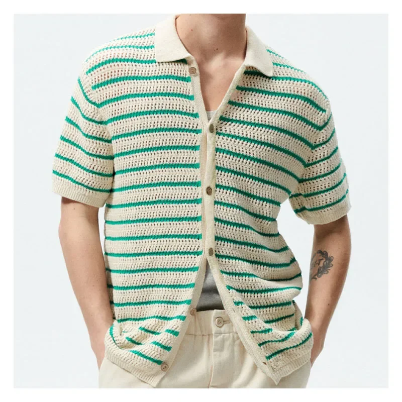Men\s See-through Knit Stripe Shirt 1