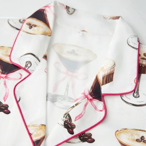 Women's Summer Lounge Set Short Sleeve Lapel Bow Goblet/Boots/Wine Glass Print 4