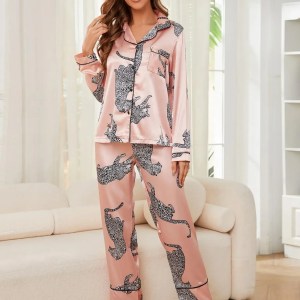 leopard print silk satin pyjama set – women’s long sleeve button down top & full length pants, 2 piece sleepwear Leopard Print Silk Satin Pyjama Set – Women’s Long Sleeve Button-Down Top & Full-Length Pants, 2-Piece Sleepwear 3
