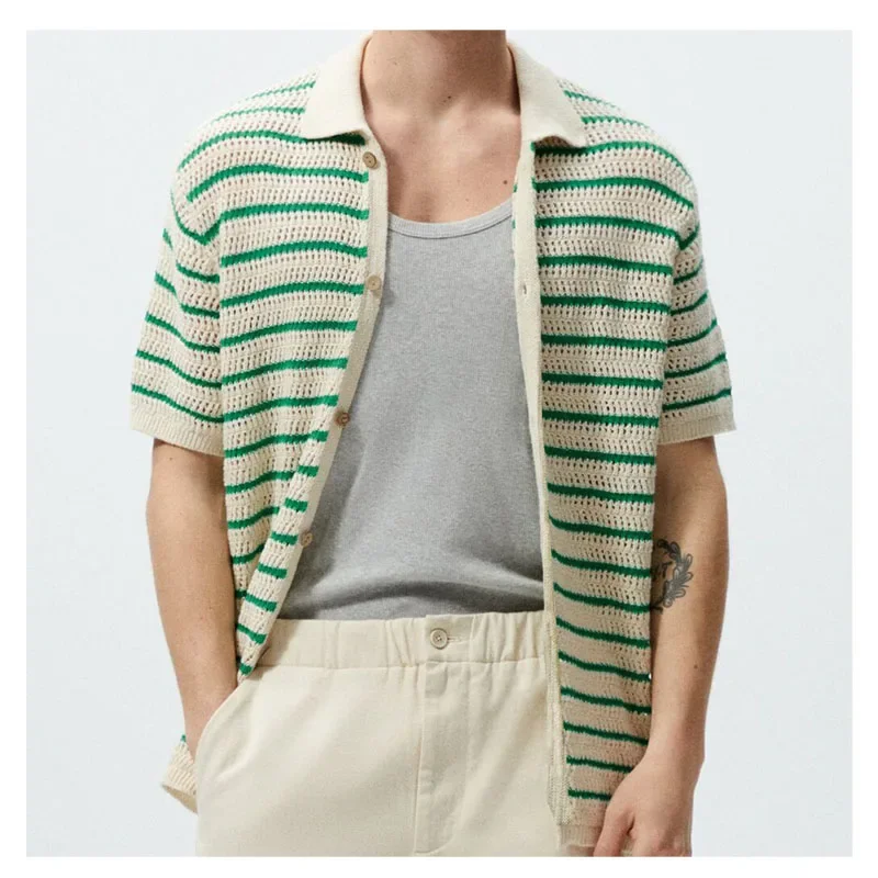 Men\s See-through Knit Stripe Shirt 2