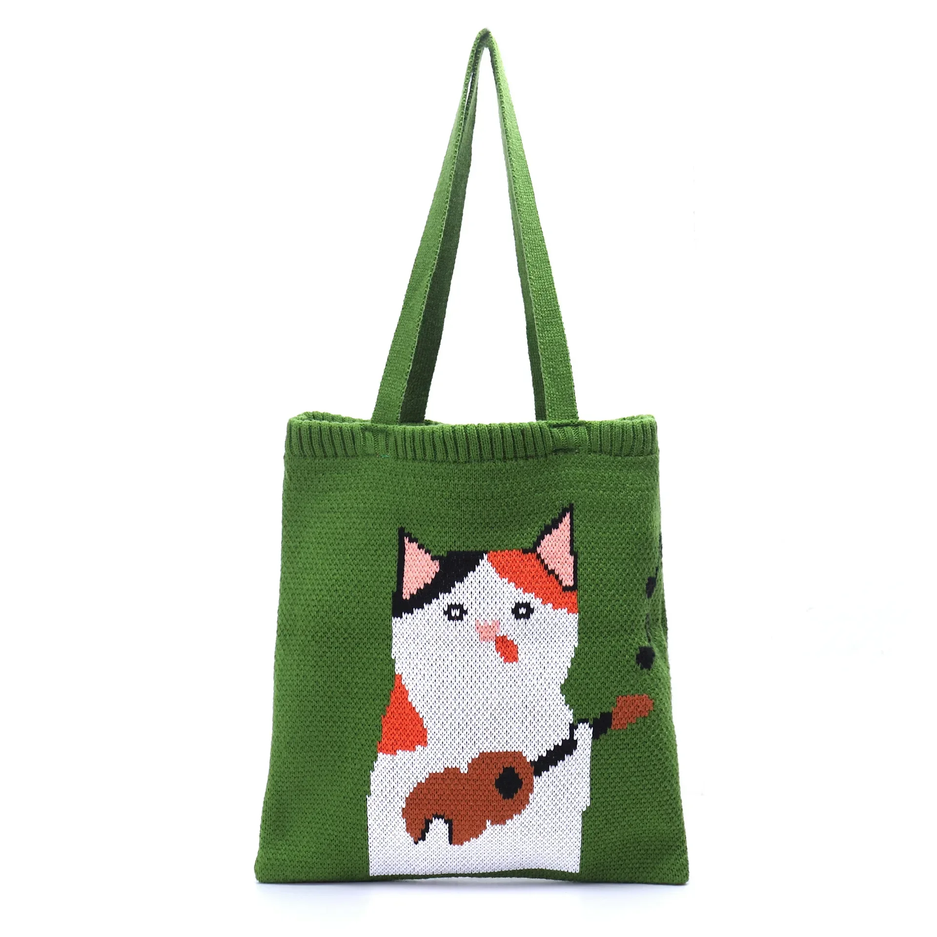 women's knitted wool tote bag cute cat crochet winter shopping top handle handbag for teens Women's Knitted Wool Tote Bag - Cute Cat Crochet Winter Shopping Top-Handle Handbag for Teens