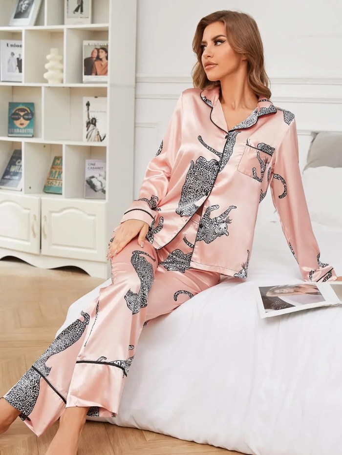 Leopard Print Silk Satin Pyjama Set – Women’s Long Sleeve Button-Down Top & Full-Length Pants, 2-Piece Sleepwear 5
