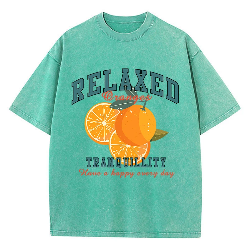 Oversized Women's Washed T-Shirt – Fresh Orange Print, Distressed Cotton Crewneck Tee, Vintage Style 6