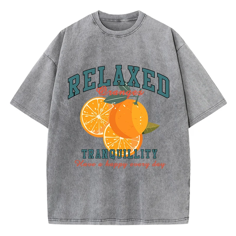 Oversized Women's Washed T-Shirt – Fresh Orange Print, Distressed Cotton Crewneck Tee, Vintage Style 2