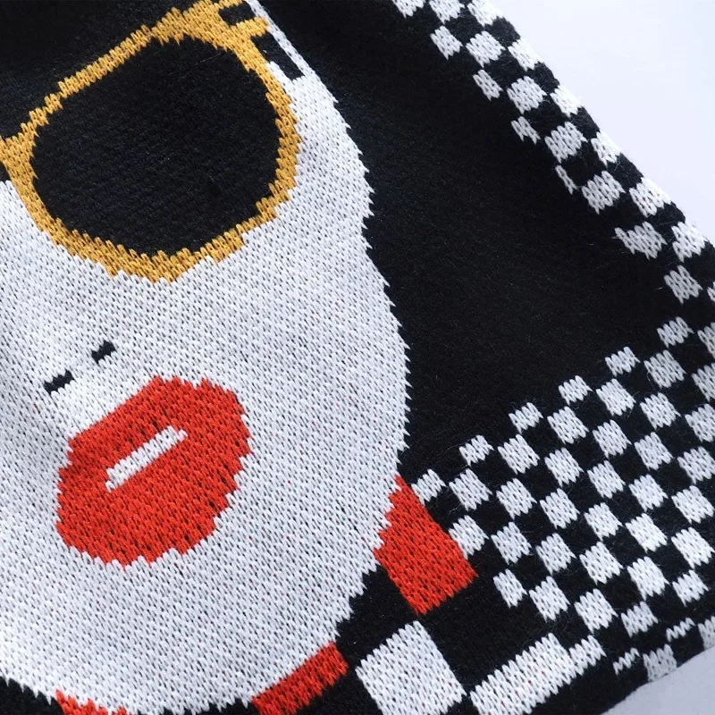 women's crochet knit woolen tote bag fashionable black & white checkerboard plaid winter handbag Women's Crochet Knit Woolen Tote Bag - Fashionable Black & White Checkerboard Plaid Winter Handbag 2