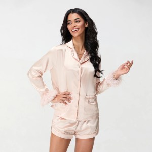 Women's Satin Feather Cuff Shirt + Shorts 2 Pieces Loungewear set 3