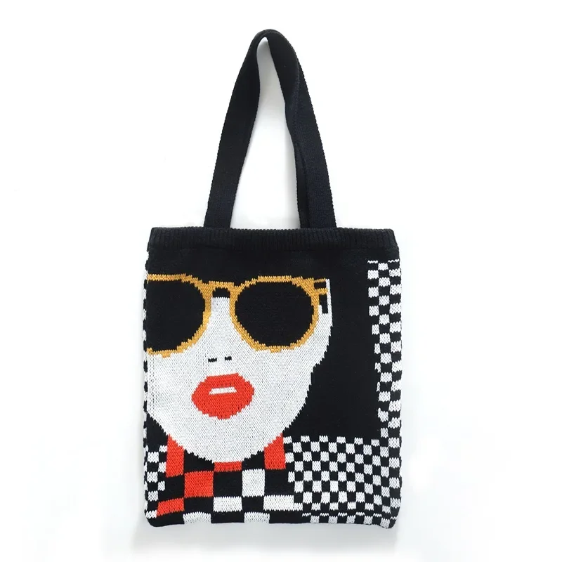 women's crochet knit woolen tote bag fashionable black & white checkerboard plaid winter handbag Women's Crochet Knit Woolen Tote Bag - Fashionable Black & White Checkerboard Plaid Winter Handbag