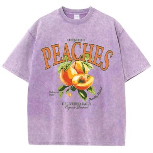 Casual Women’s Acid Wash T-Shirt – Fresh Peaches Print, Distressed Oversized Crewneck Cotton Tee 1
