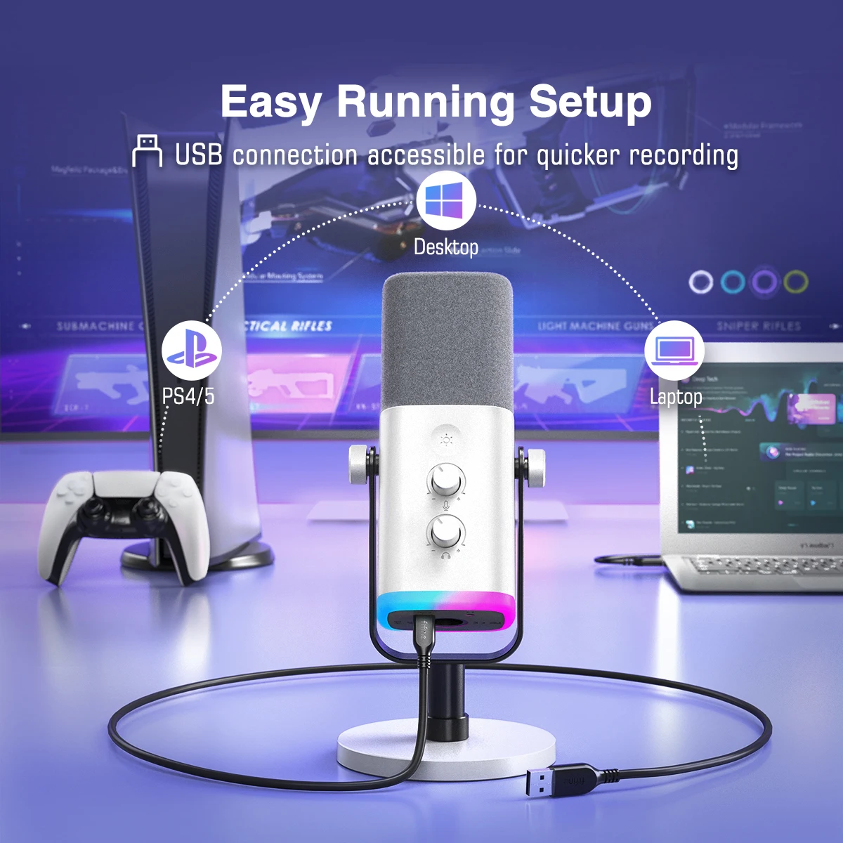 FIFINE XLR/USB Dynamic Microphone with Headphone Jack/RGB/Mute,MIC for Recording Streaming Gaming PS4/PS5 Ampligame AM8W 4