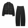 zach women's denim effect jacket, high waisted pleated pants Zach women's Denim effect jacket, high waisted pleated pants