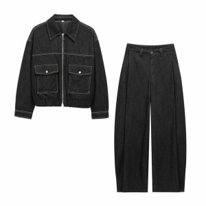 Zach women's Denim effect jacket, high waisted pleated pants