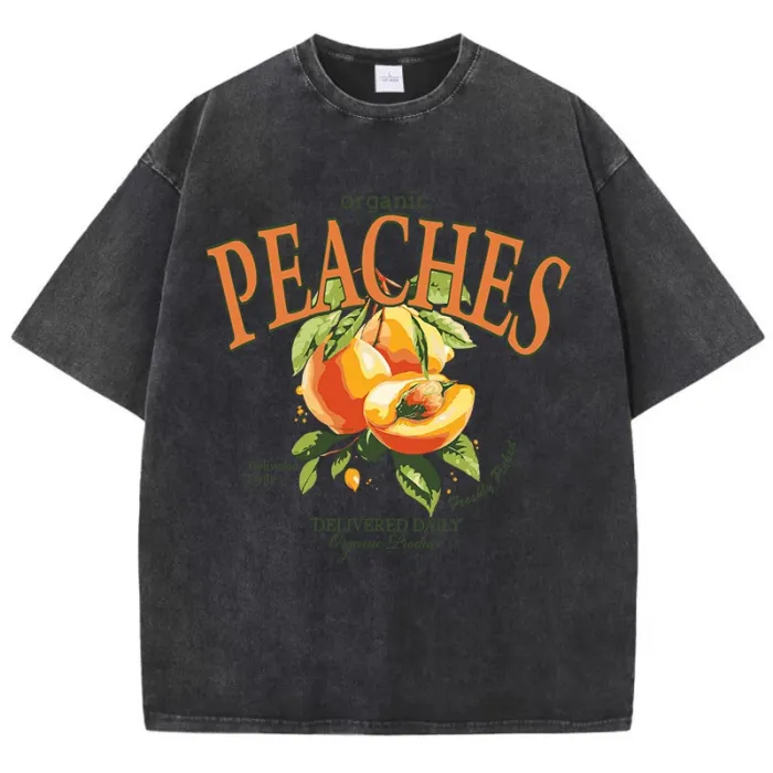 casual women’s acid wash t shirt – fresh peaches print, distressed oversized crewneck cotton tee Casual Women’s Acid Wash T-Shirt – Fresh Peaches Print, Distressed Oversized Crewneck Cotton Tee 2