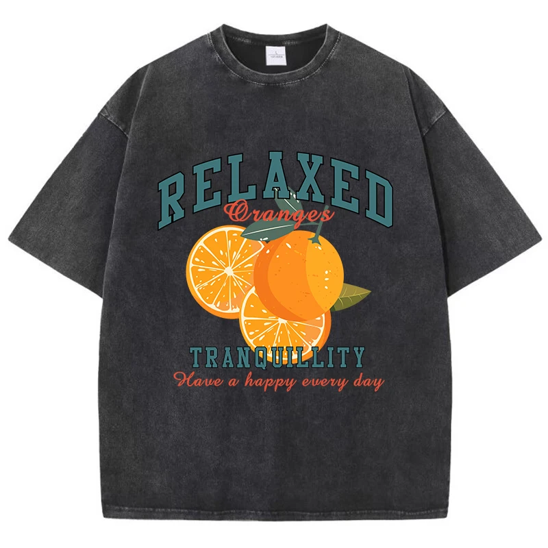 Oversized Women's Washed T-Shirt – Fresh Orange Print, Distressed Cotton Crewneck Tee, Vintage Style 1