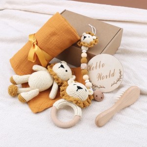 Handmade Crochet Animal Baby Teether Toy - Wooden Teether, Stuffed Doll, Muslin Blanket & Newborn Gift Box 4