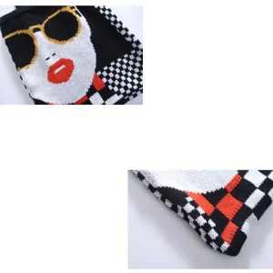 women's crochet knit woolen tote bag fashionable black & white checkerboard plaid winter handbag Women's Crochet Knit Woolen Tote Bag - Fashionable Black & White Checkerboard Plaid Winter Handbag 4