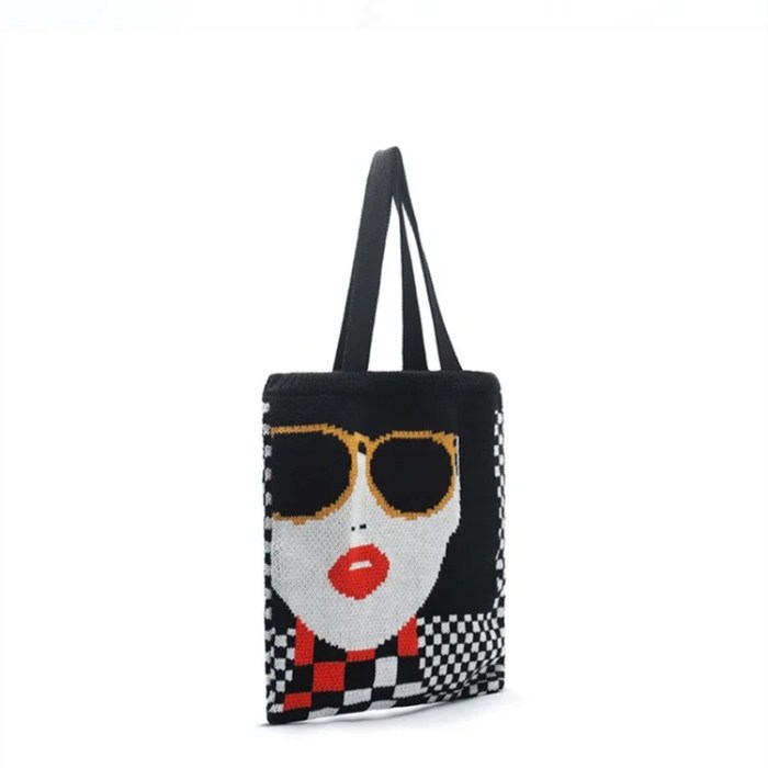 women's crochet knit woolen tote bag fashionable black & white checkerboard plaid winter handbag Women's Crochet Knit Woolen Tote Bag - Fashionable Black & White Checkerboard Plaid Winter Handbag 6