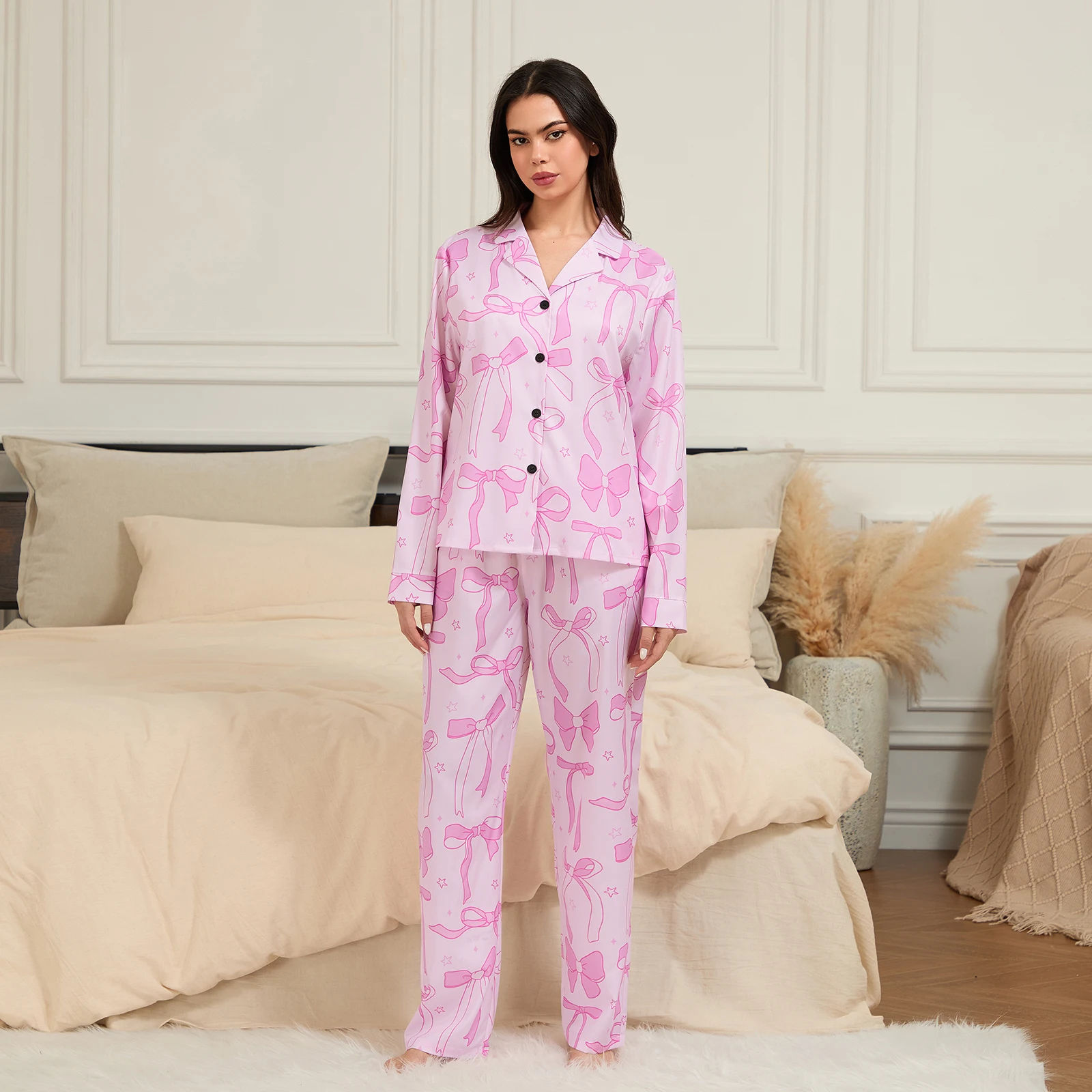 women's bow 2 piece longsleeve loungewear pyjama set Women's Bow 2 Piece Longsleeve Loungewear Pyjama Set 3