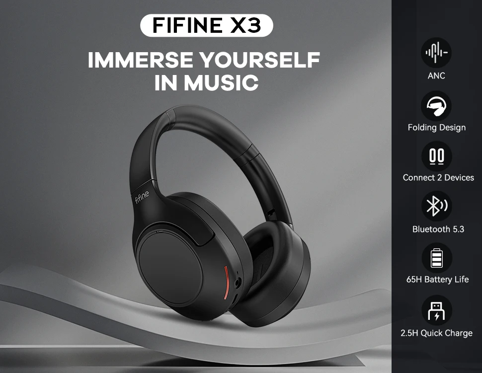 FIFINE Bluetooth wireless headset, Noise Cancelling Headphones withe Transparency Mode, Deep Bass, Clear Calls,65H Playtime -X3