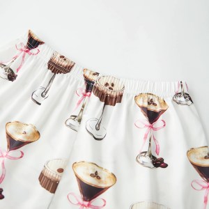 Women's Summer Lounge Set Short Sleeve Lapel Bow Goblet/Boots/Wine Glass Print 5